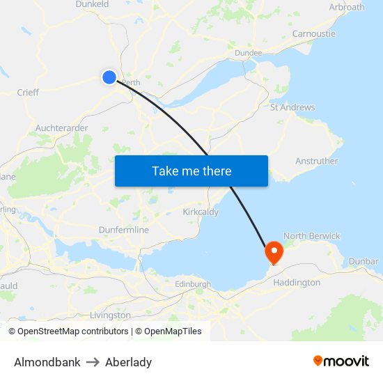 Almondbank to Aberlady map