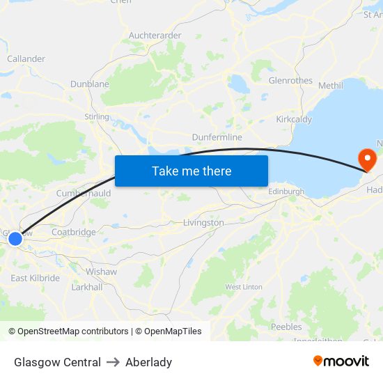 Glasgow Central to Aberlady map