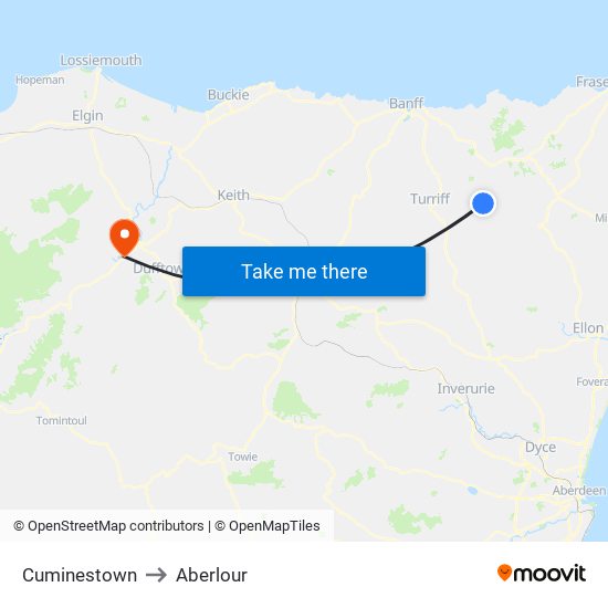 Cuminestown to Aberlour map