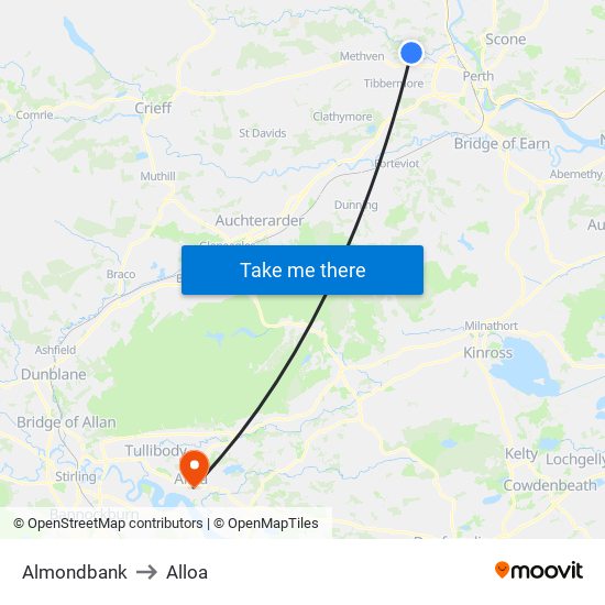 Almondbank to Alloa map