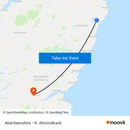 Aberdeenshire to Almondbank map