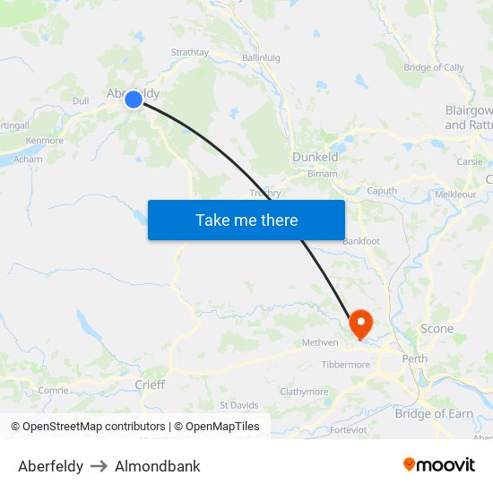 Aberfeldy to Almondbank map