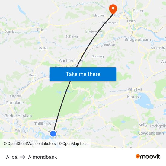 Alloa to Almondbank map