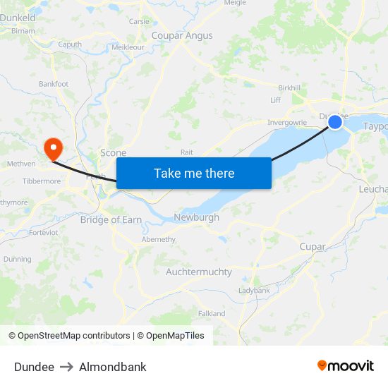 Dundee to Almondbank map
