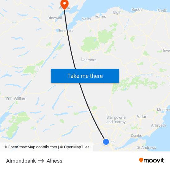 Almondbank to Alness map