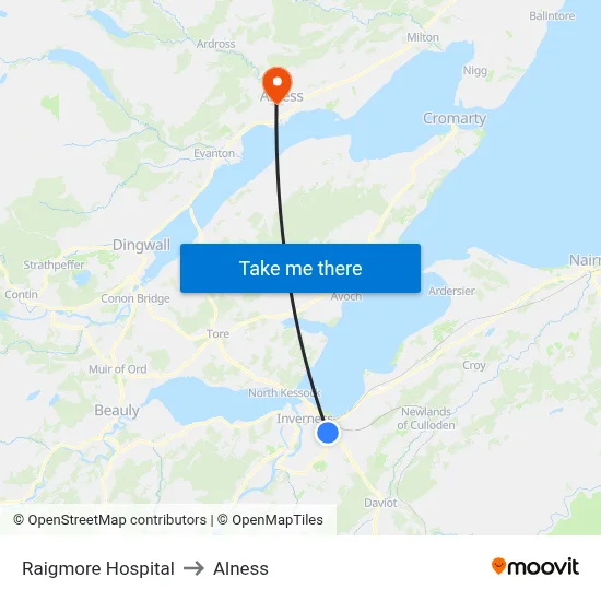 Raigmore Hospital to Alness map