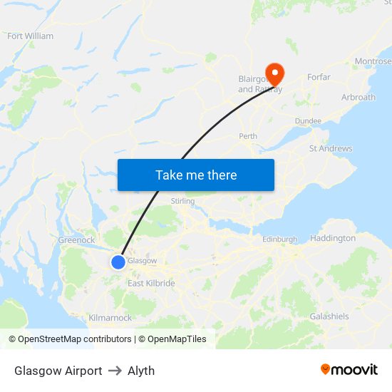 Glasgow Airport to Alyth map