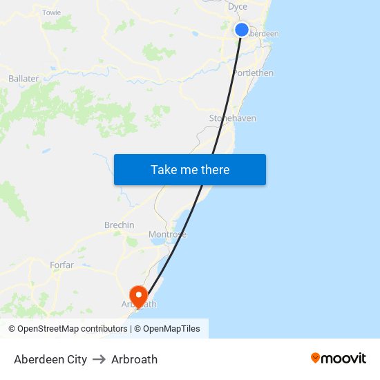 Aberdeen City to Arbroath map