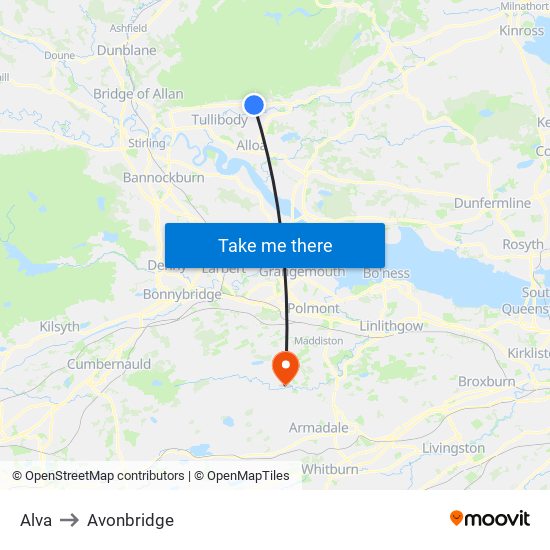 Alva to Avonbridge map