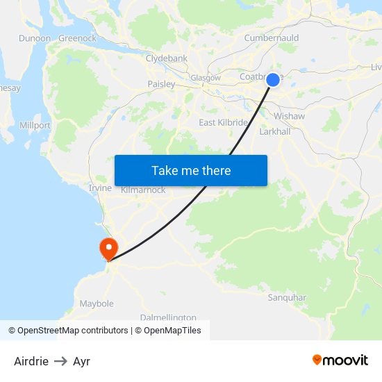 Airdrie to Ayr map