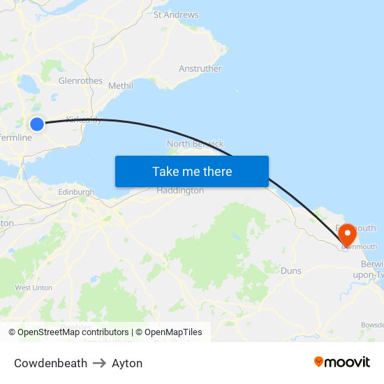 Cowdenbeath to Ayton map