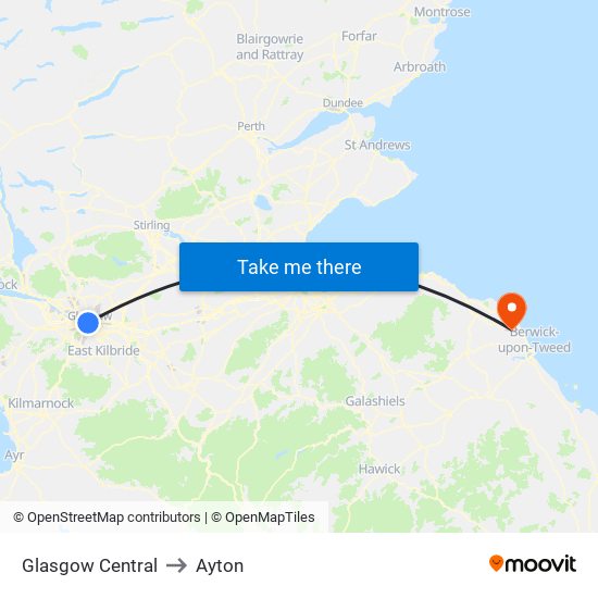 Glasgow Central to Ayton map