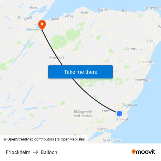 Friockheim to Balloch map