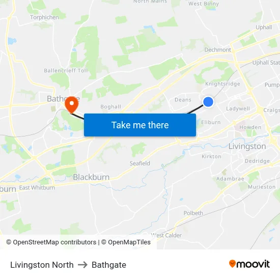Livingston North to Bathgate map