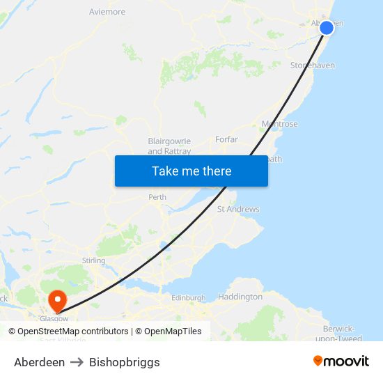Aberdeen to Bishopbriggs map