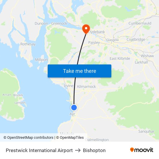 Prestwick International Airport to Bishopton map