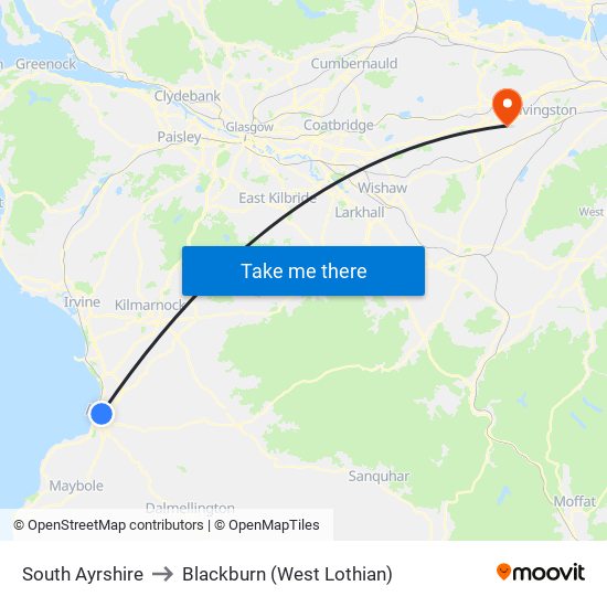 South Ayrshire to Blackburn (West Lothian) map