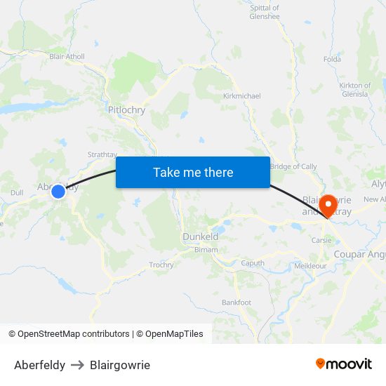 Aberfeldy to Blairgowrie map