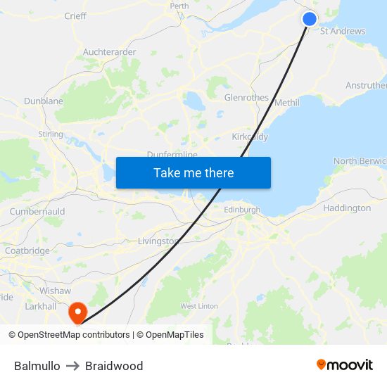 Balmullo to Braidwood map