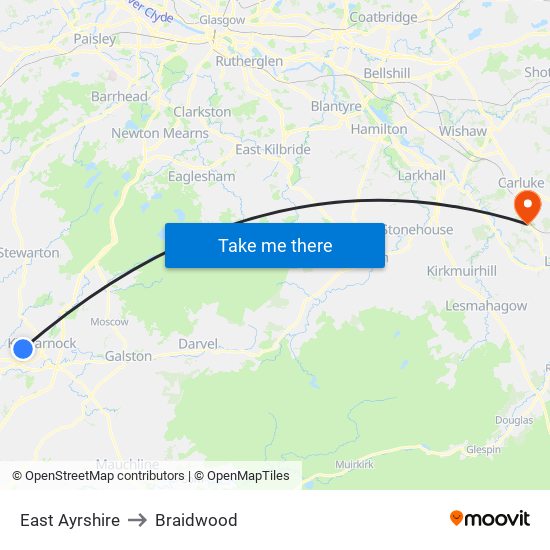 East Ayrshire to Braidwood map