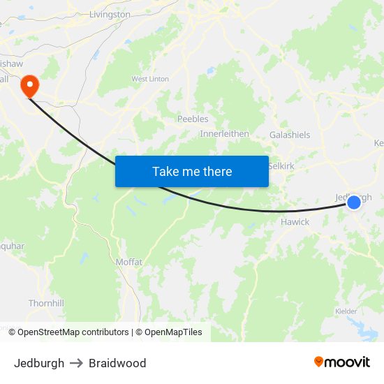 Jedburgh to Braidwood map