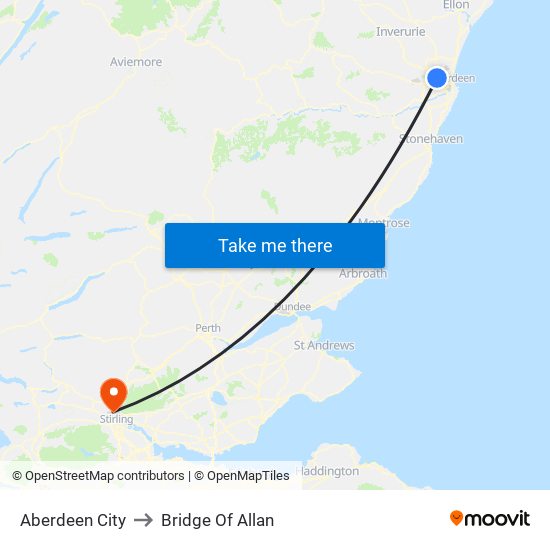 Aberdeen City to Bridge Of Allan map