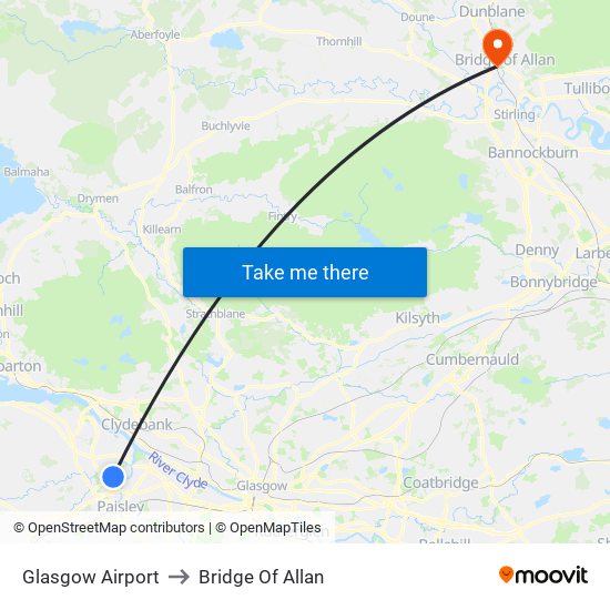 Glasgow Airport to Bridge Of Allan map