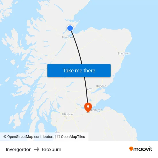 Invergordon to Broxburn map