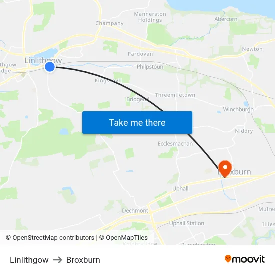 Linlithgow to Broxburn map