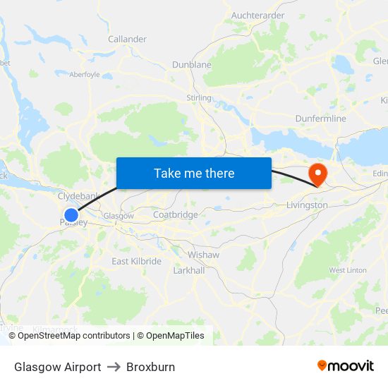 Glasgow Airport to Broxburn map