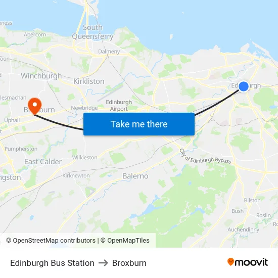 Edinburgh Bus Station to Broxburn map