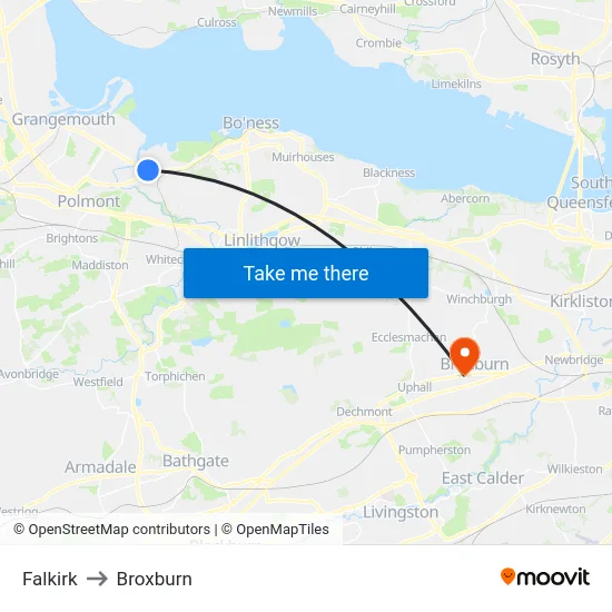 Falkirk to Broxburn map