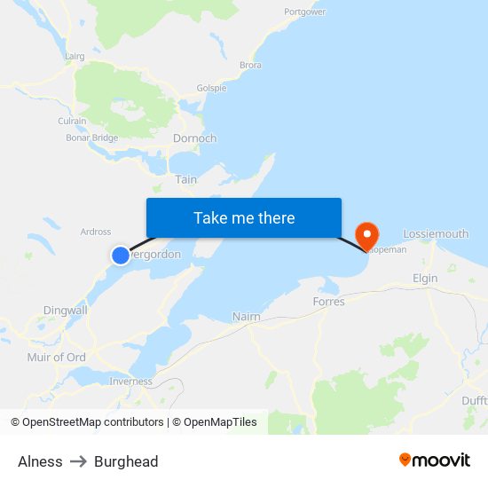 Alness to Burghead map