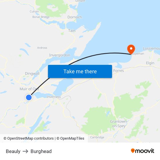 Beauly to Burghead map