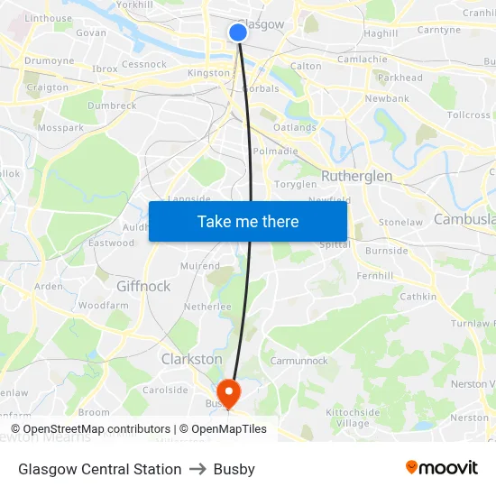 Glasgow Central Station to Busby map