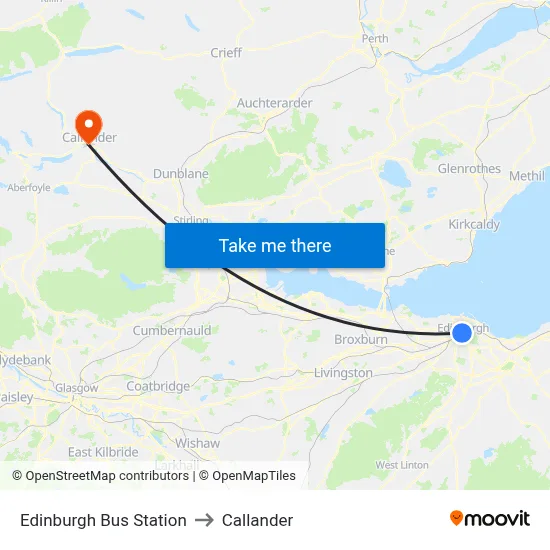 Edinburgh Bus Station to Callander map