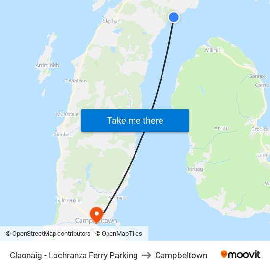 Claonaig - Lochranza Ferry Parking to Campbeltown map