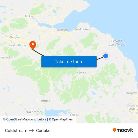 Coldstream to Carluke map