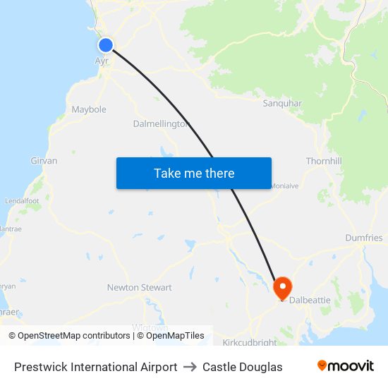 Prestwick International Airport to Castle Douglas map