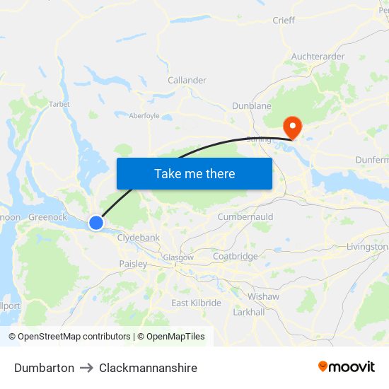 Dumbarton to Clackmannanshire map