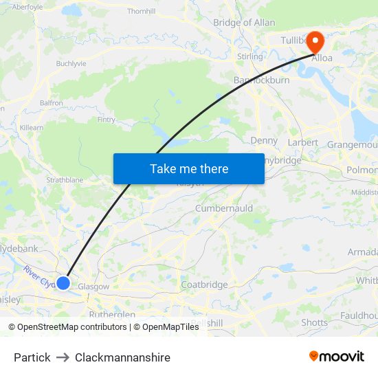 Partick to Clackmannanshire map