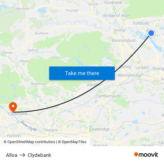 Alloa to Clydebank map