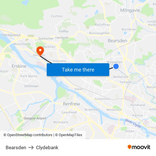 Bearsden to Clydebank map