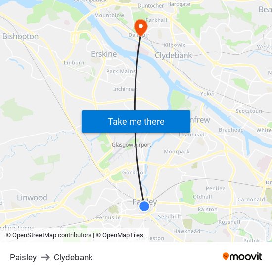 Paisley to Clydebank map