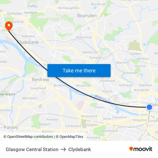 Glasgow Central Station to Clydebank map