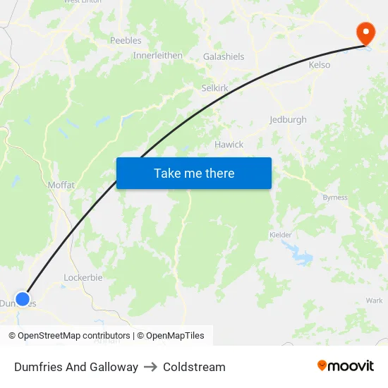 Dumfries And Galloway to Coldstream map
