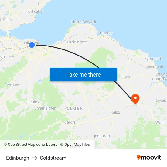 Edinburgh to Coldstream map