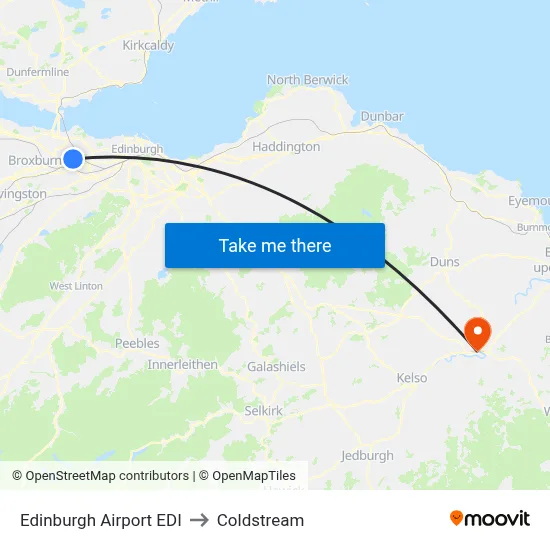 Edinburgh Airport EDI to Coldstream map