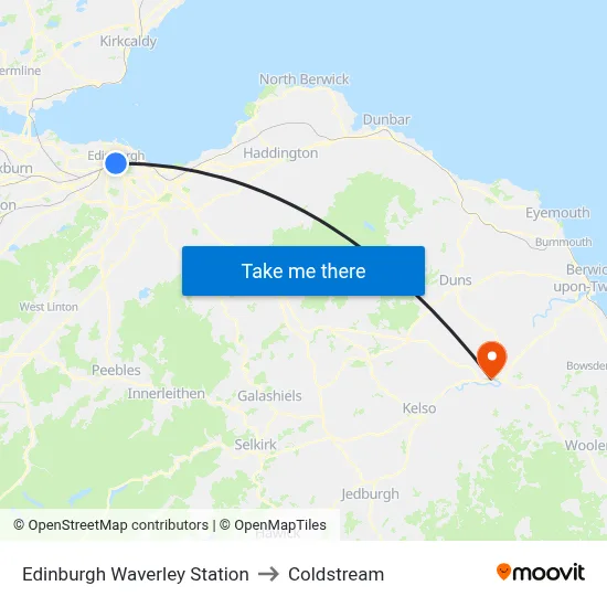 Edinburgh Waverley Station to Coldstream map