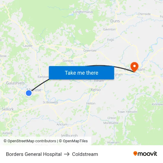 Borders General Hospital to Coldstream map